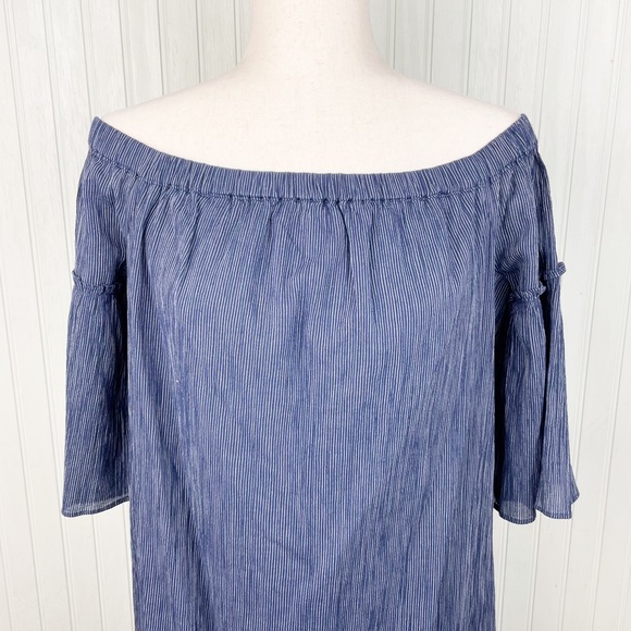 Madewell Off-the-Shoulder Bell-Sleeve Dress Navy Blue Pinstripe G3457 Size 6 - Picture 5 of 10